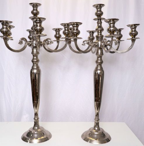 33" Silver Metal 4 Arm Candelabra Votive Candle Holder, Flower Vase Bowl