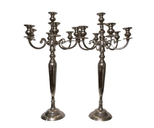 33" Silver Metal 4 Arm Candelabra Votive Candle Holder, Flower Vase Bowl