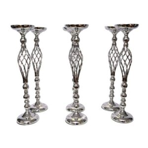 Silver Reversible Pillar Candle Holder Set Flower Ball Pedestal Stand