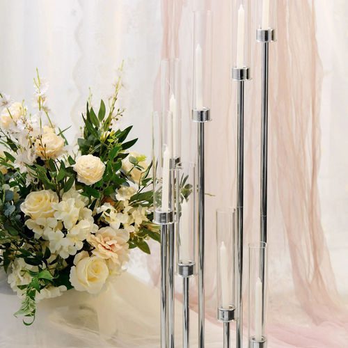 42" Silver 8 Arm Cluster Taper Candle Holder With Clear Glass Shades