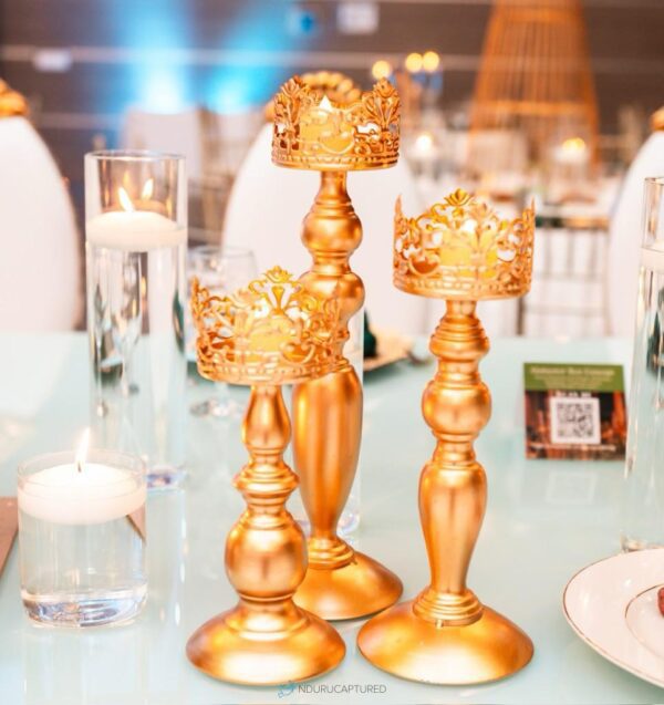Lace Design Gold Hurricane Candle Holder Set